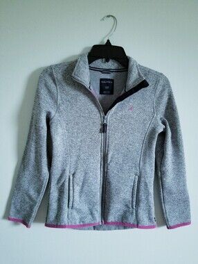 Nautica Girl's Heather Gray Full-Zip Fleece Jacket with Pink Trim